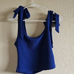 Blue tie shoulder scoop neck tank top